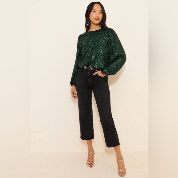 Flat White Sequin Crew Neck Top Green Size Large Party Cocktail Anthropologie - Picture 3 of 13